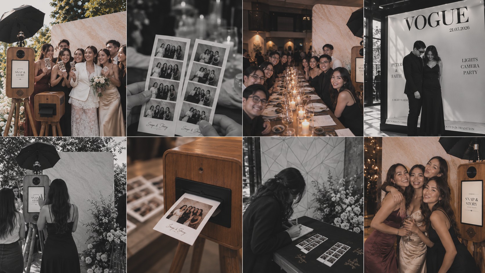 Moments from weddings and events with the Snap & Story photo booth: guests posing, printed photo strips and a guest signing at the guest book table