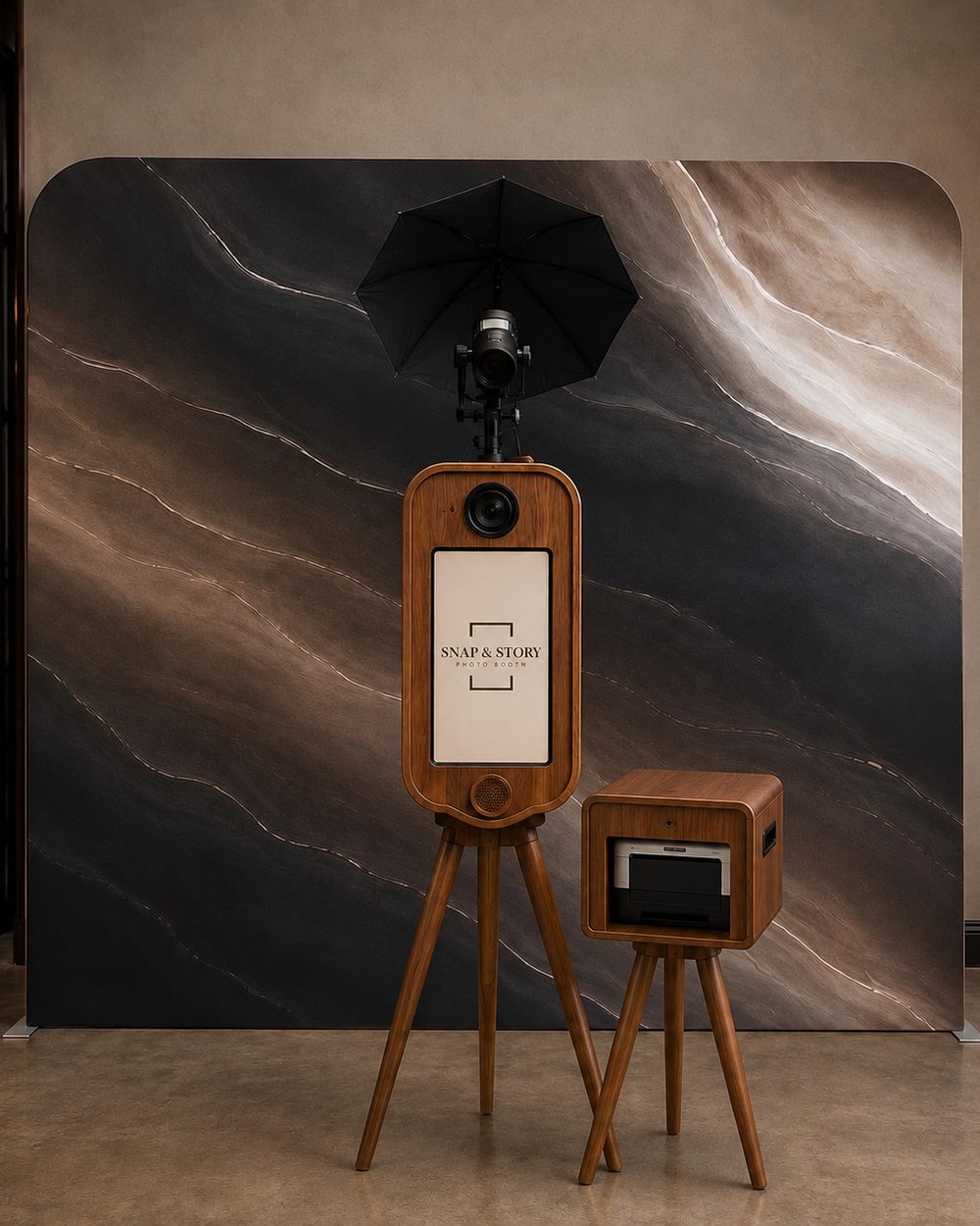Wooden photo booth on a dark marble backdrop