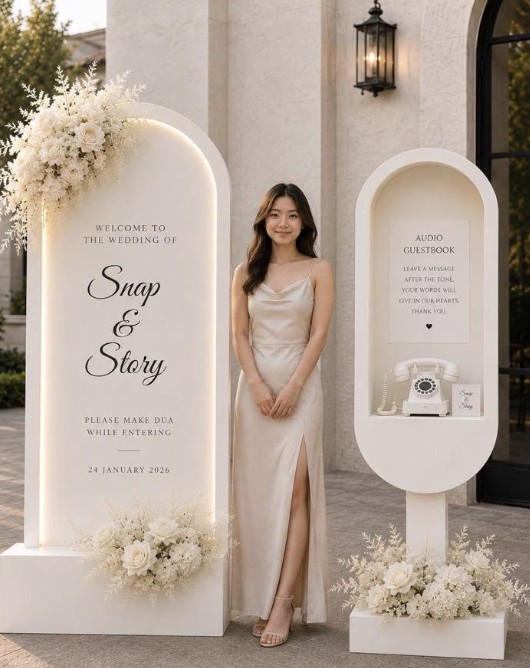 A guest standing beside the welcome sign and audio guest book
