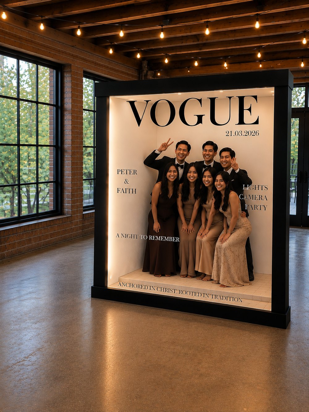 Guests posing together inside the life-sized Magazine Booth for a self-service magazine cover photo